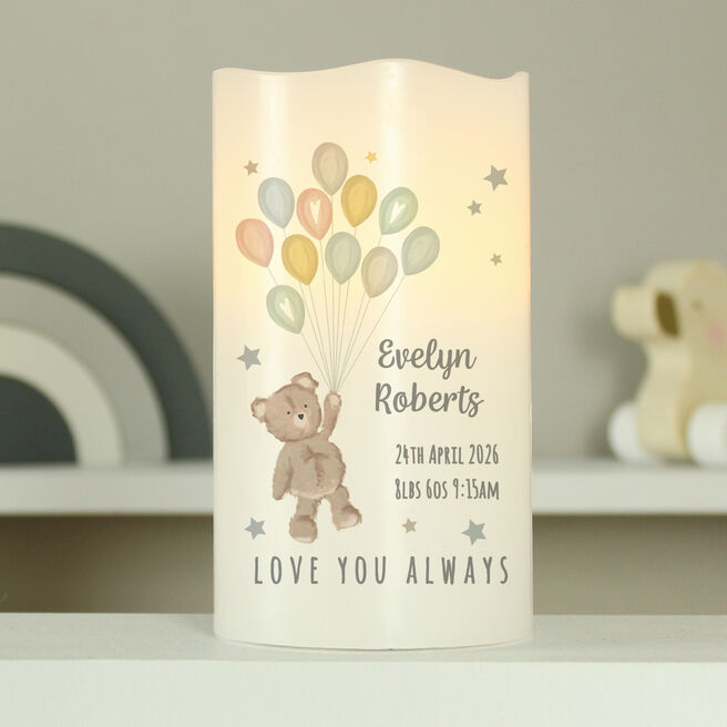 Personalised Teddy & Balloons Nightlight LED Candle