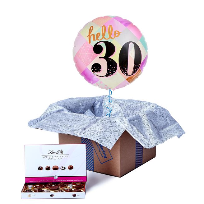 Hello 30th Birthday Balloon & Lindt Chocolates - FREE GIFT CARD!