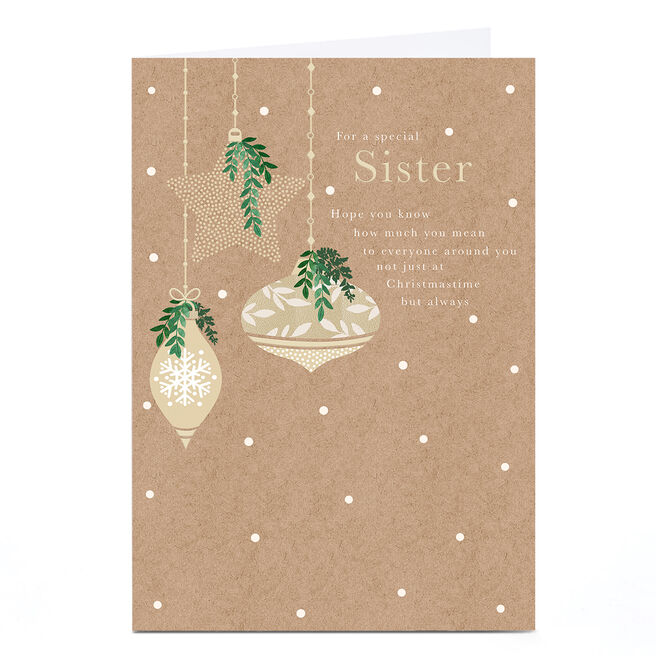 Personalised Christmas Card - Brown Paper with Baubles, Sister