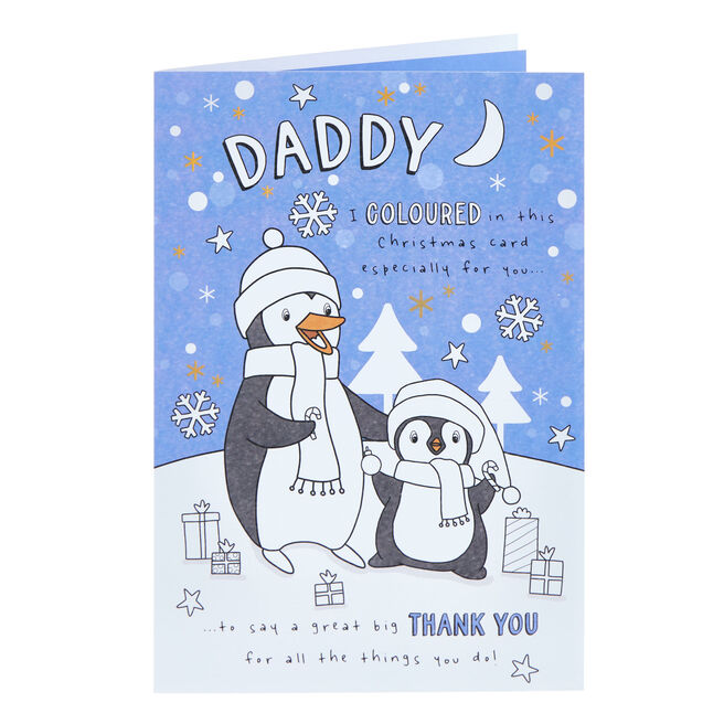 Daddy Colouring In Penguins Christmas Card