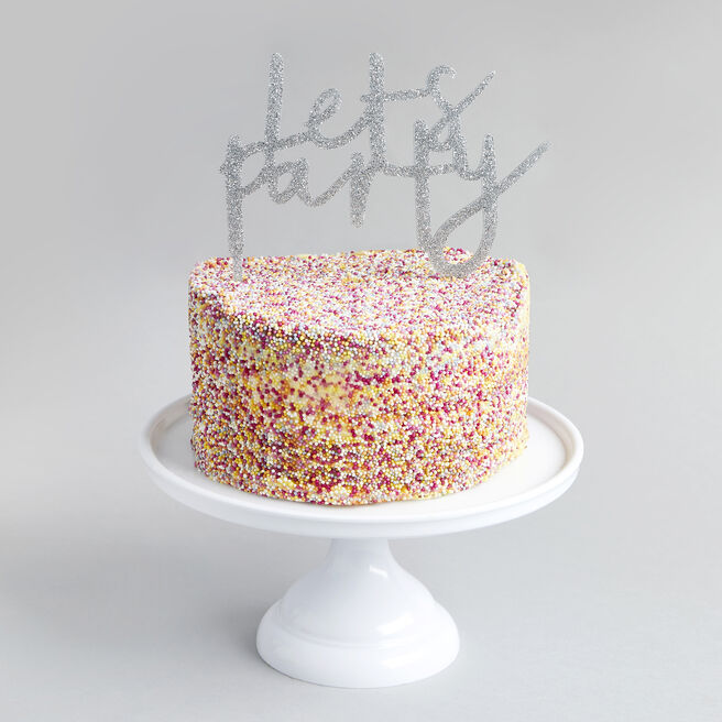 Metallic Silver Lets Party Glitter Acrylic Cake Topper 