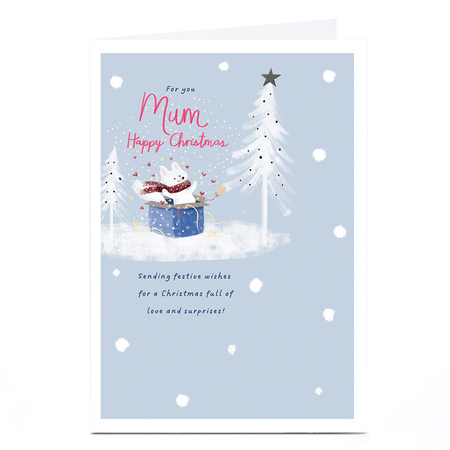 Personalised Christmas Card - White Fox Jumping Out of Present, Mum