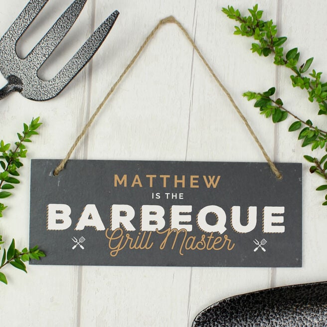 Personalised Barbeque Grill Master Printed Hanging Slate Plaque