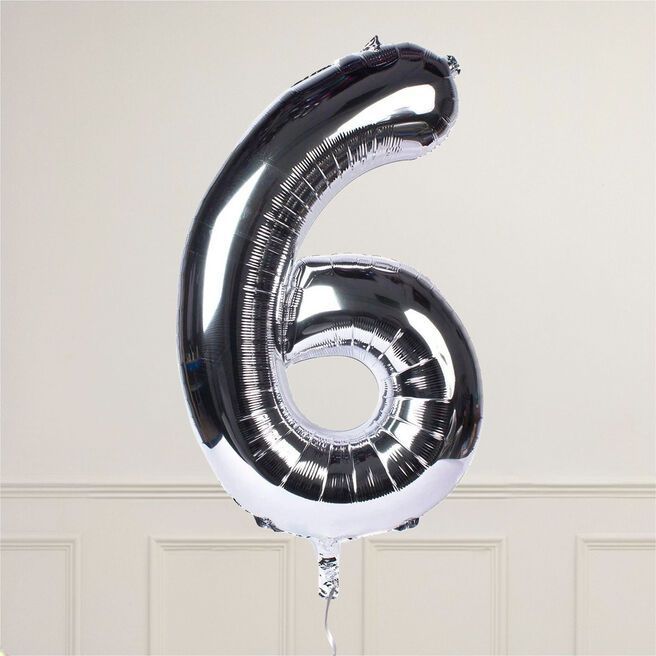 Silver Number 6 Giant Foil Helium Balloon INFLATED