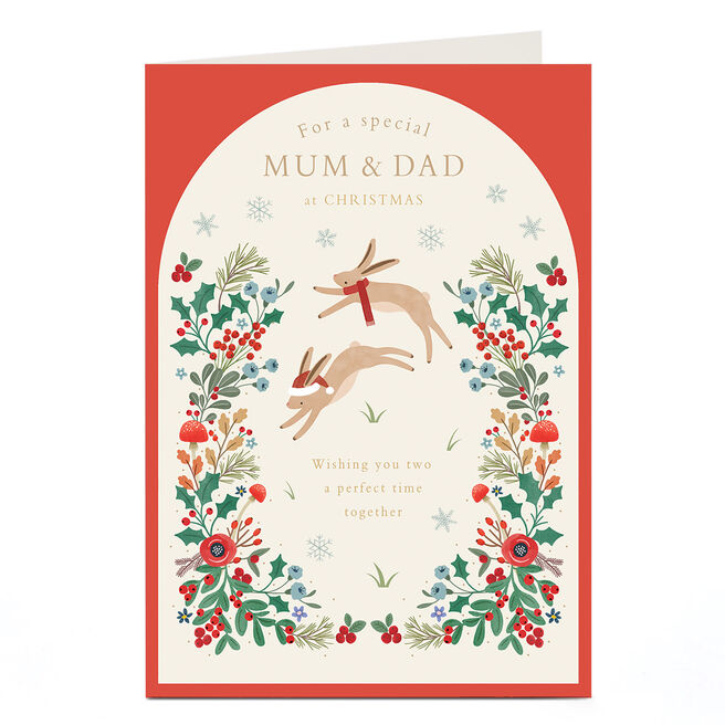 Christmas Card - Leaping Rabbits, Mum & Dad