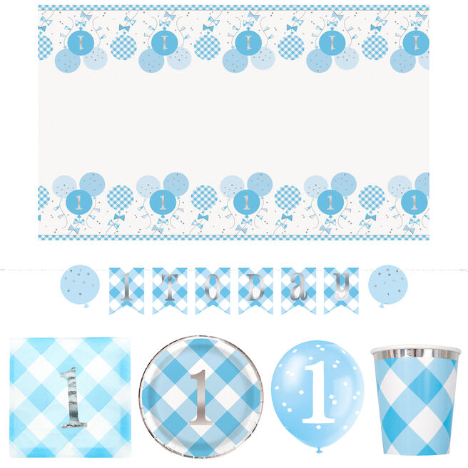 Blue Gingham 1st Birthday Party Tableware & Decorations Bundle - 16 Guests