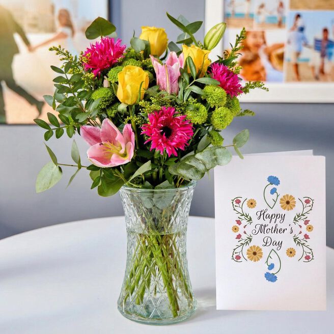 Blossoming Gifts Radiant Glow, Vase & Mother's Day Card - Free Delivery!