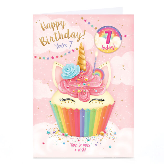 Personalised 7th Birthday Card - Unicorn Cupcake Make a Wish