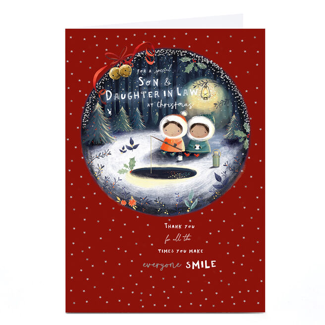 Personalised Christmas Card - Cute Couple Ice Fishing, Son & Daughter in Law