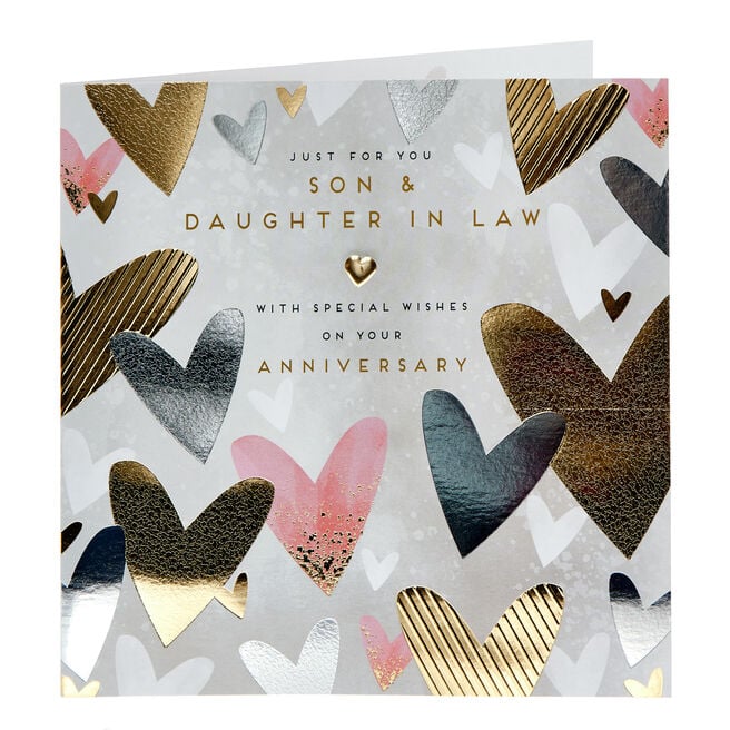 Son & Daughter In Law Foil Hearts Wedding Anniversary Card