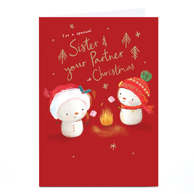 Personalised Christmas Card - Snowmen Toasting Marshmallows, Sister & Partner