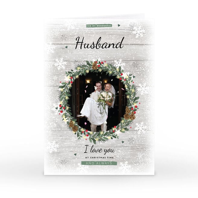 Photo Christmas Card - Wreath & Snowflakes, Husband