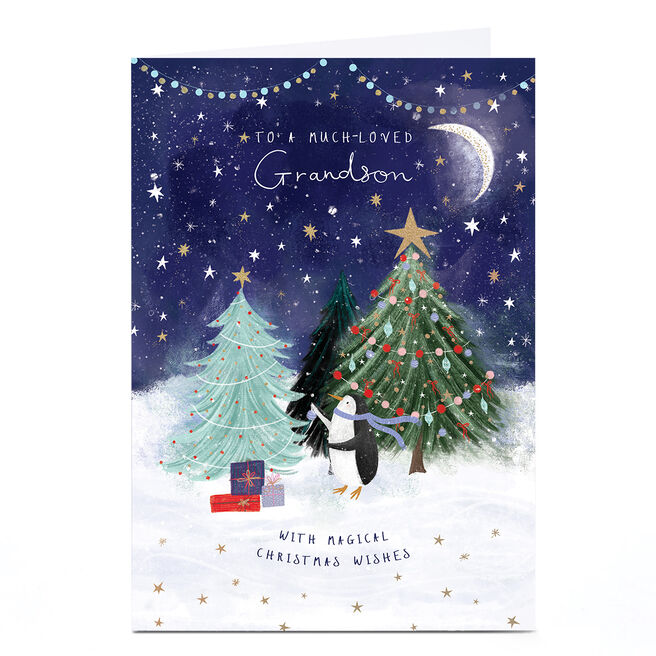Christmas Card - Decorating Penguin, Grandson