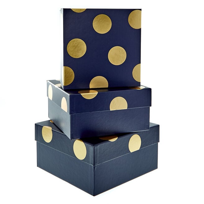Navy & Gold Polka-Dot Gift Boxes - Set Of 3