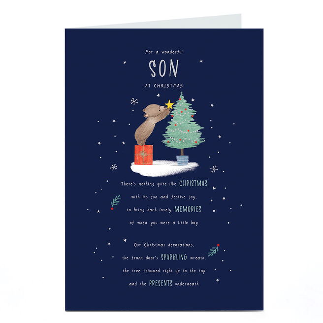 Christmas Card - Bear Putting Star on Tree, Wonderful Son