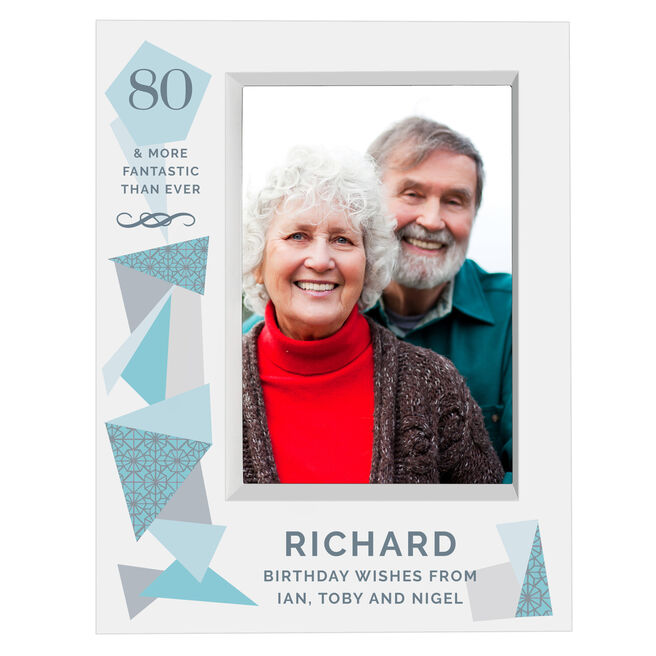 Personalised 80th Birthday Box Photo Frame - Geometric Blue 