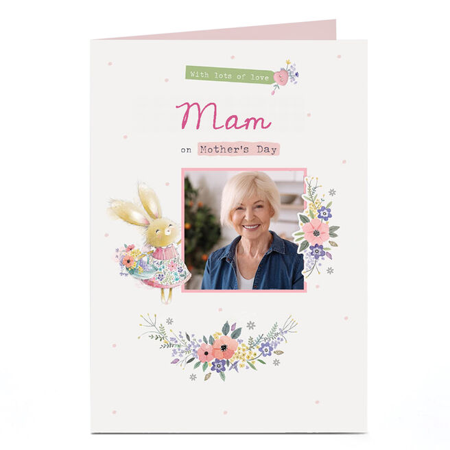 Personalised Mother's Day Card - Bunny with basket of flowers - Mam