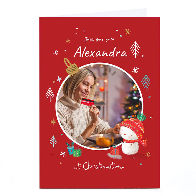 Photo Christmas Card - Red Bauble Border, Any Name