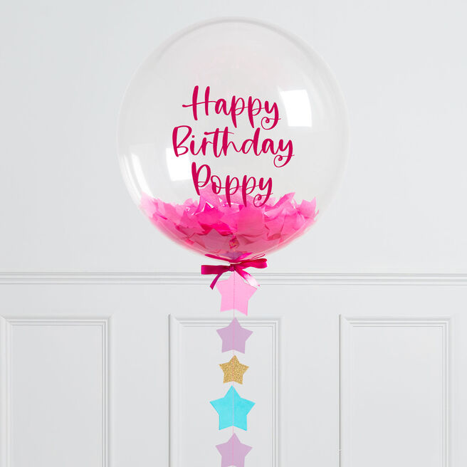 Personalised 20-Inch Pink Star Confetti Bubblegum Balloon - DELIVERED INFLATED!