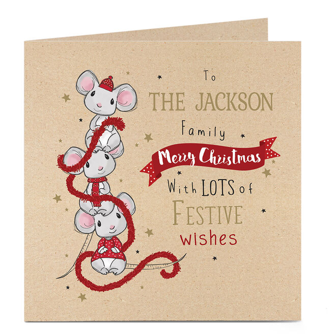 Personalised Christmas Card - Three Mice With Tinsel