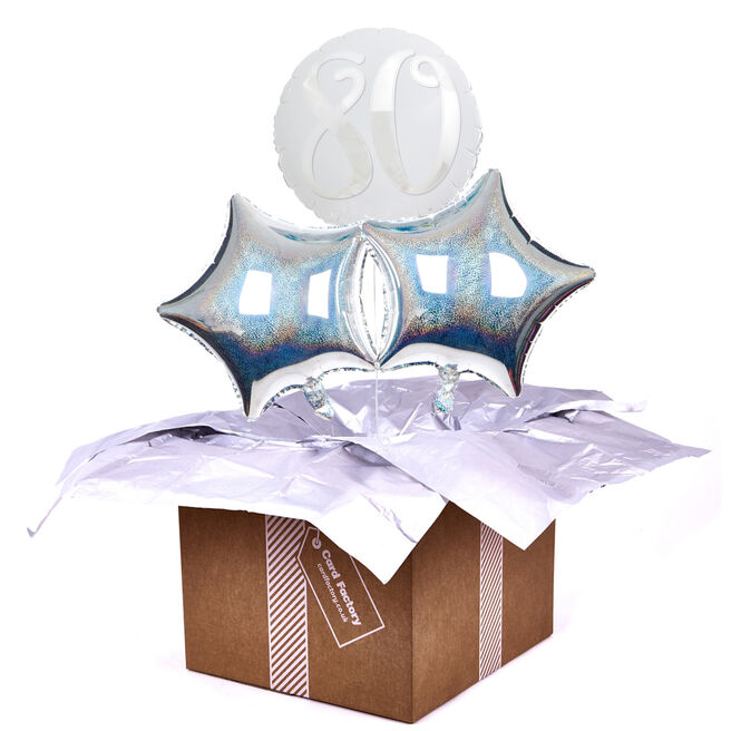 Silver & White 80th Birthday Balloon Bouquet INFLATED & FREE DELIVERY! 