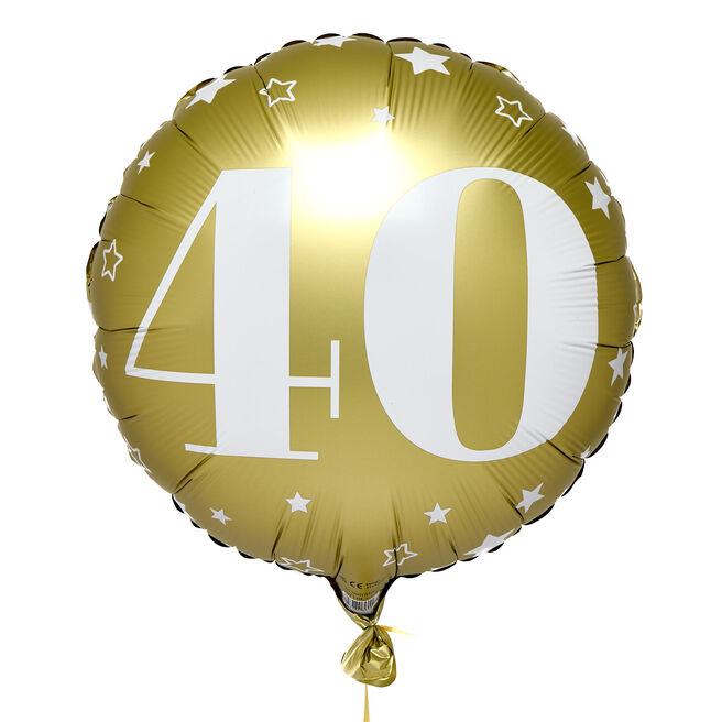 White & Gold Stars 40th 18-Inch Foil Helium Balloon