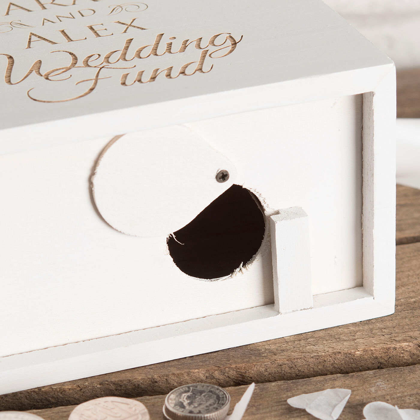 Buy Personalised Engraved White Wooden Money Box Wedding Fund for GBP