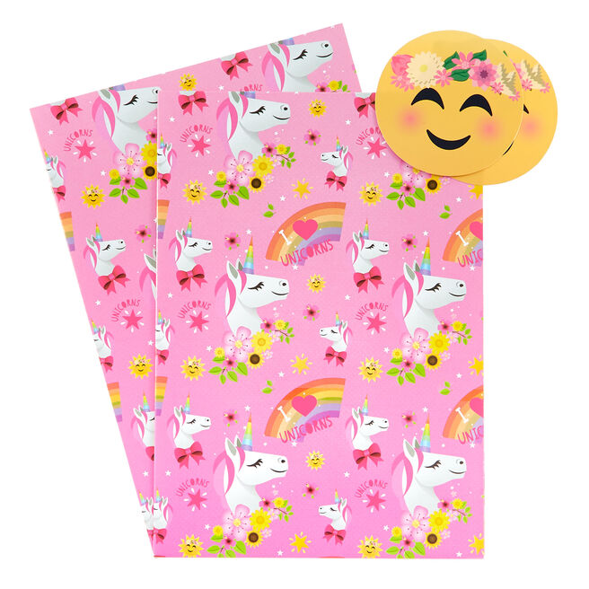 Unicorns & Rainbows Emoji Wrapping Paper & Gift Tags - Pack of 2 