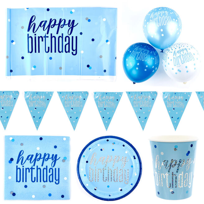 Blue Happy Birthday Party Tableware & Decorations Bundle - 16 Guests
