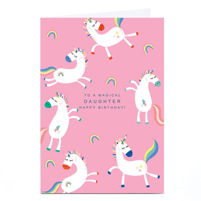 Personalised Birthday Card - Prancing Unicorns and Rainbows, Daughter