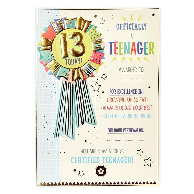 13th Birthday Card - Official Teenager Award