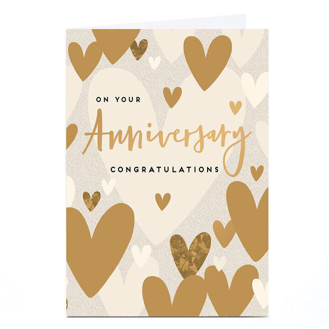 Personalised Anniversary Card - Gold Hearts Congratulations