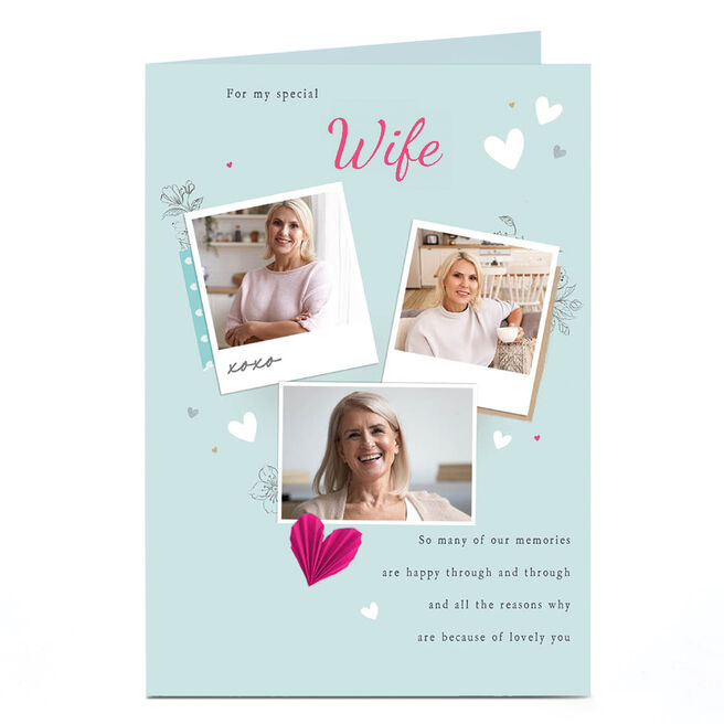 Personalised Birthday Photo Card - Teal with hearts - Wife