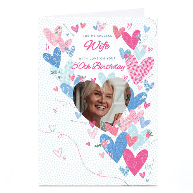 Photo 50th Birthday Card - With Love, Wife, Editable Age