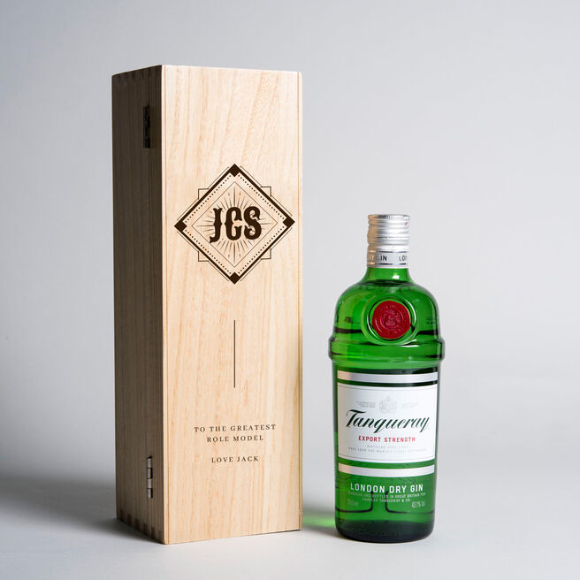 Engraved Wooden Box With Tanqueray Gin - Initials & Message