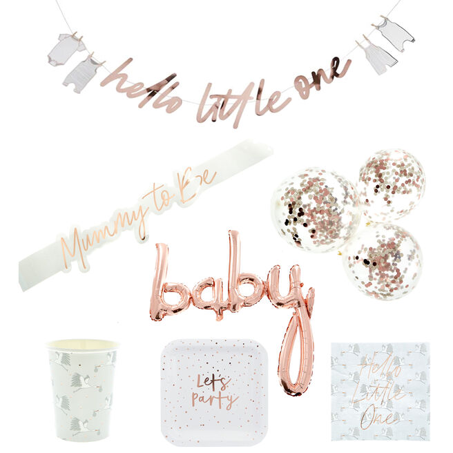 Rose Gold Baby Shower Party Tableware & Decorations Bundle - 16 Guests