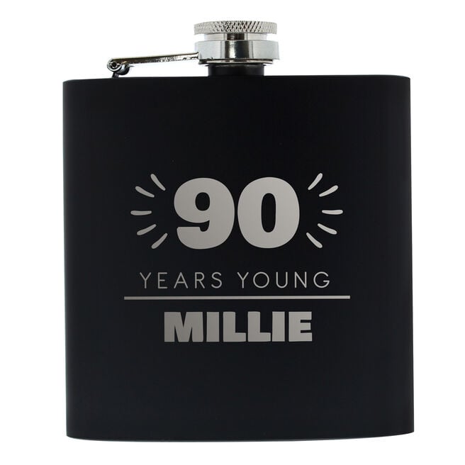 Personalised 90th Birthday Hip Flask - Black & Silver