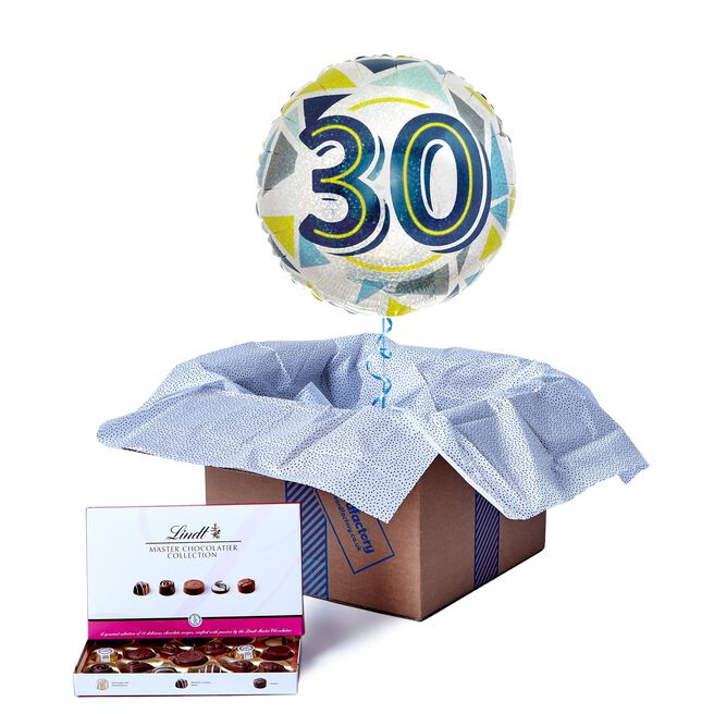 Geometric Blue & Yellow 30th Birthday Balloon & Lindt Chocolates - FREE GIFT CARD!