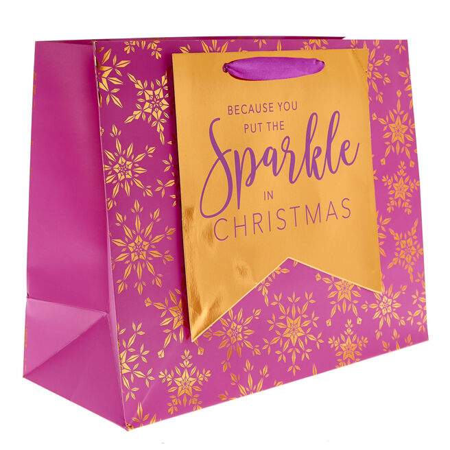 Large Landscape Pink & Bronze Snowflakes Christmas Gift Bag, Large Landscape Pink & Bronze Snowflakes Christmas Gift Bag