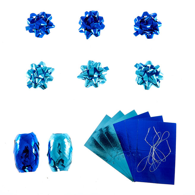 Light & Dark Blue Gift Bow, Tag & Ribbon Set
