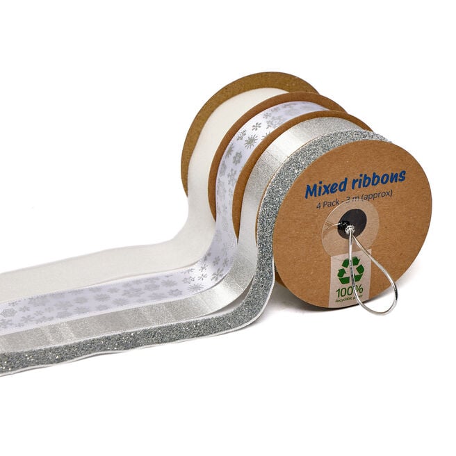 Mixed Silver & White Ribbons - Pack of 4