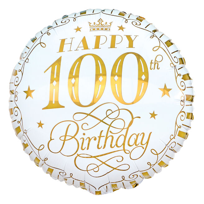 White & Gold 100th Birthday 18-Inch Foil Helium Balloon