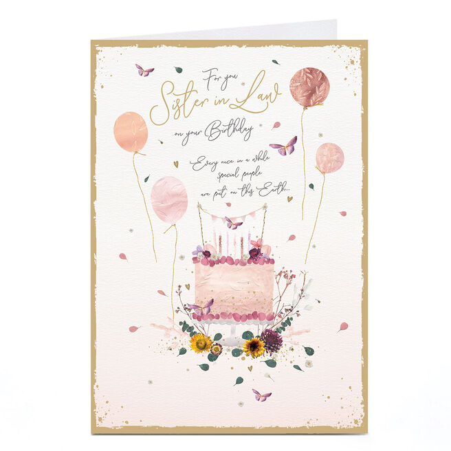 Birthday Card - Pink Pastel Cake with Wildflowers, Sister-in-Law