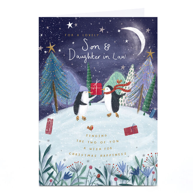 Personalised Christmas Card - Penguin Couple Snowy Woods,  Son & Daughter in Law