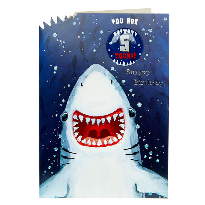 5th Birthday Card - Snappy Shark (With Badge)