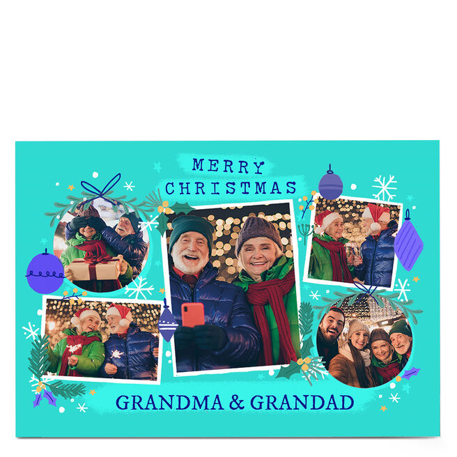 Photo Little Mono Christmas Card - Teal Baubles