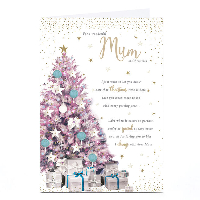Personalised Christmas Card - Pink Christmas Tree with Presents, Mum