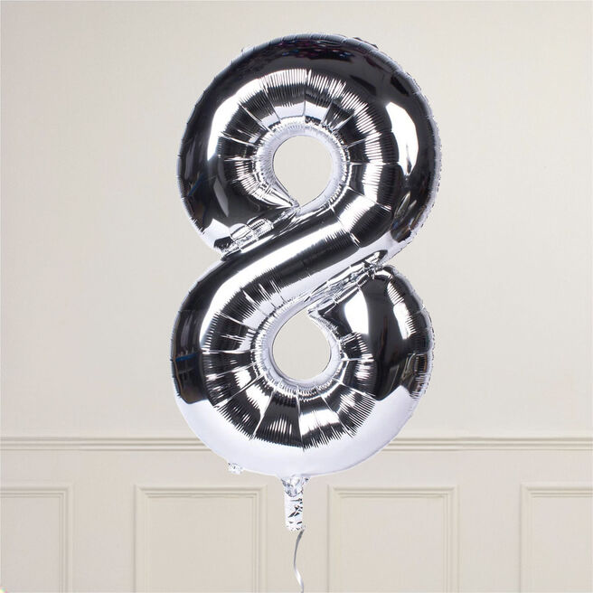 Silver Number 8 Giant Foil Helium Balloon INFLATED