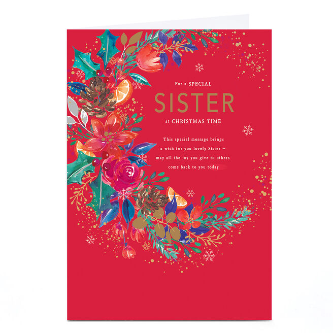 Personalised Christmas Card - Red with Crescent of Flowers, Sister