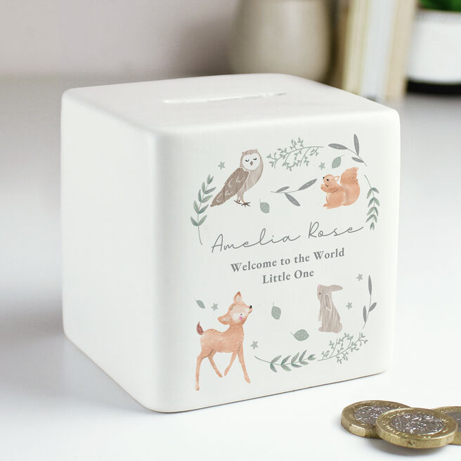 Personalised Woodland Animals Ceramic Square Money Box